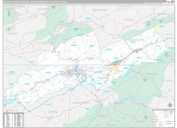 Kingsport-Bristol-Bristol Metro Area Wall Map